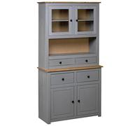 vidaXL Pin Massif Buffet Armoire de Rangement Commode Meuble de Rangement avec Un Compartiment Ouvert 4 Tiroirs 2 Portes et 2 Portes en Verre Maison Gris 93x40,5x180 cm