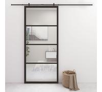 Porte Coulissante Système de Porte Coulissante Maison Intérieur Kit d'Assemblage Barre en Forme de U Aluminium et Verre ESG 90x205 cm Noir