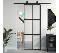 Porte Coulissante, Porte de Grange, Porte Intérieur, Porte de Chambre à Coucher Cuisine Entrée, Noir 76x205 cm Verre Trempé Aluminium