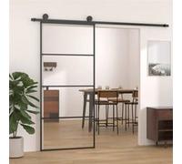 Porte Coulissante Système de Porte Coulissante Maison Intérieur Kit d'Assemblage Barre en Forme de U Aluminium et Verre ESG 90x205 cm Noir