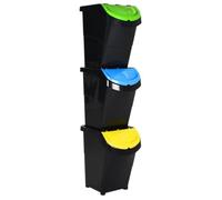 Poubelles empilables avec couvercles 3 pcs noir PP 120 L, poubelle de recyclage, poubelle de cuisine, poubelle de tri, poubelle