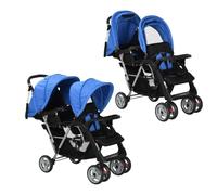vidaXL Poussette à Deux Places Acier Bleu et Noir Landau d'enfant Bébé
