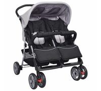 vidaXL Poussette à Deux Places Acier Gris et Noir Pliable Landau d'Enfant Bébé