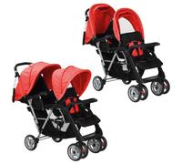 vidaXL Poussette double en acier rouge et noir – 6–36 mois – Auvents pliants, grand panier