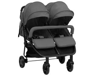 vidaXL Poussette à Deux Places Landau Pliable de Vayage Poussette de Voyage Tout-petit Extérieur Protection contre Rayons UV Gris Foncé et Noir Acier