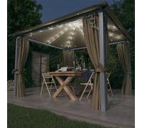 vidaXL Prieel met gordijn en LED-lichtslinger 3x3 m aluminium taupe3070334 Taupe G