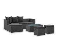Salon de jardin - 1 canapé d'angle + 2 poufs + 1 tables - Résine tressée avec coussins - Noir