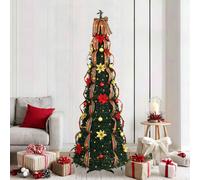 vidaXL Sapin de Noël Artificiel avec 200 LED Vert 215 cm PVC, Arbre de Noël Portable en Forme de cône, Tissu PVC résistant, LED lumière Blanche Chaude, déco Jardin, intérieur
