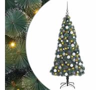 vidaXL Sapins de Noël artificiels avec des lumières LED et Un Set de Boules Blanches et Grises de 180 cm, Style Traditionnel pour décorer l'intérieur, Ambiance Festive, Ornement pour l'hiver