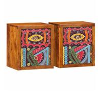 vidaXL Set de 2 tables de chevet multicolores en bois d'acacia massif, 35 x 30 x 40 cm, avec décorations, finition brune, 4016520