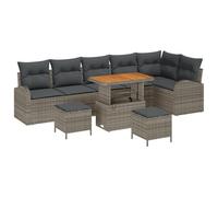 Set de 9 pièces de sofa de jardin avec coussins gris poly rotin acacia, Sofa de jardin 2 places avec coussins gris poly rotin, Set de salle à manger de jardin 3 pièces avec coussins gris poly rotin ac