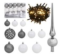 vidaXL Set de boules de Noël avec pic et 150 LED 61 pcs Blanc et gris