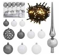 vidaXL Set de boules de Noël avec pic et 150 LED 61 pcs Blanc et gris