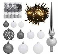 vidaXL Set de Boules de Noël avec Pic et 300 LED 120 pcs Arbre Ornement de Noël Décoration de Vacances Décoration de Noël Jardin Blanc et Gris blanc brillant, blanc pailleté, gris brillant et gris pai