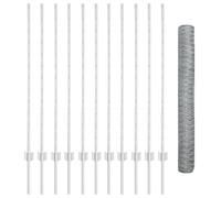 vidaXL Ensemble de clôture de jardin en acier galvanisé gris | Clôture extérieure résistante aux UV Comprend 1 rouleau et 10 poteaux Design hexagonal durable pour votre propriété Barrière métallique