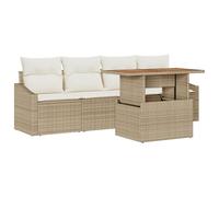 vidaXL Sofa d'extérieur modulaire beige en rattan PE et bois d'acacia avec coussins à bords surfilés, table ajustable, mobilier de jardin pour terrasse, 100 x 55 x 73 cm, accoudoirs inclinés, design r