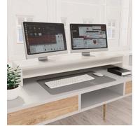 vidaXL Support écran 100x24x13 cm, 2 niveaux, Bois reconstitué, Blanc, Rehausseur de bureau avec rangement, Organisateur, 800333