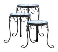 vidaXL Supports pour plantes 3 pièces – Céramique bleu et blanc – Table d'appoint d'extérieur