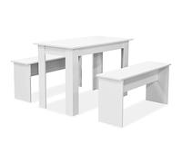 Table de salle à manger et bancs 3 pcs Bois d ingénierie Blanc