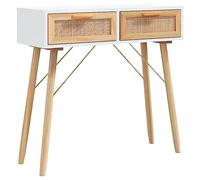 vidaXL Table Console Etagère de Rangement Armoire d'Entrée Table de Salon Couloir Maison Intérieur Blanc 80x30x75 cm Bois Massif Pin/Rotin Naturel