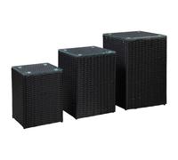 Vidaxl Tables D'appoint 3 Pcs Et Dessus En Verre Noir Résine Tressée Noir
