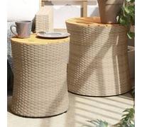 vidaXL Tables d'appoint de jardin 2 pcs – dessus en bois – poly rotin – beige
