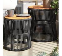 vidaXL Tables d'appoint de jardin 2 pcs, dessus en bois, résine tressée, noir 366291