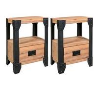 vidaXL 2X Bois d'Acacia Massif Tables de Chevet Table de Nuit Armoire de Chevet avec 1 Tiroir et 1 Etagère Chambre à Coucher Maison Acier 40x30x54 cm