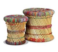vidaXL Tabourets avec Détails Chindi 2 pcs Pouf de Salon Repose-Pied de Salle de Séjour Table d'Appoint Maison Intérieur Multicolore Bambou