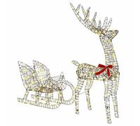 vidaXL Traîneau tiré par Un Renne Blanc Chaud 70 x 26 x 128,5 cm Rotin, Décor Moderne et Festif, Figurine de Rennes, déco traîneau, éclairage LED USB, Ambiance Lumineuse pour Les fêtes