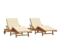 Vidaxl Chaises Longues 2 Pcs Avec Coussins Et Roues Beige Bois Massif D'acacia, Vidaxl Chaise Longue Pliable Avec Roues & Coussin Beige Bois Massif D'acacia
