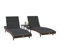 vidaXL Ensemble de chaises Longues réglables Marron en Rattan synthétique pour l'extérieur. Tissu Respirant, Dossier Multi-Positions. Comprend 2 chaises Longues et Une Table de 40 x 40 x 40,5 cm. par