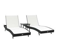 Ensemble de bains de soleil réglable noir et blanc en poly rattan, 40 x 40,5 cm, avec un cadre en acier traité par poudre et une table en verre trempé. 5 positions confortables pour l'extérieur : jard
