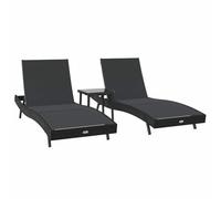 Set de chaises longues réglables en rotin noir et verre trempé. Ça comprend 2 chaises longues et une table de 40 x 40,5 cm. Matériau respirant, dossier ajustable, cadre en acier époxy, idéal pour l'ex
