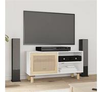 Meuble TV Blanc 80x30x40 cm Bois de pin massif et rotin naturel