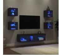 vidaXL Unités Murales TV avec LED 7 pcs, Armoires de Télévision Suspendues, Meubles Télé de Salon, Moderne, Noir Bois d'Ingénierie