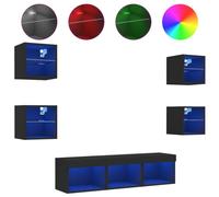 vidaXL Unités Murales TV avec LED 7 pcs, Armoires de Télévision Suspendues, Meubles Télé de Salon, Moderne, Noir Bois d'Ingénierie