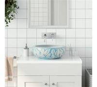 vidaXL Vasque à poser Lavabo rond Φ41x14 cm Céramique – trou de vidange, motifs blanc et bleu
