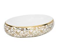 vidaXL Vasque à Poser, Évier de Salle de Bain avec Trou de Vidange, Lavabo avec Motifs Toilette Salle d'Eau, Blanc et Doré Ovale 59x40x15 cm Céramique