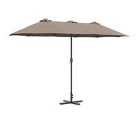 vidaXL Voilà Un Parasol en Taupe Qui a Une manivelle réglable. Il Mesure 380 x 196 cm et Fait 235 cm de Haut. C'est en Acier avec Un revêtement en Poudre et Son Tissu en Polyester est résistant à l'e