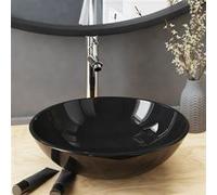 Wastafel met kraan en pop-up afvoer gehard glas zwart3098449