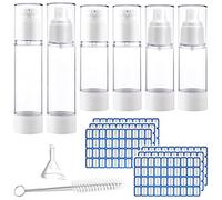 Vide Airless Pompe Flacon Vide 50ML 30ML Remplissable Bouteilles de Pompe Sans Air avec Entonnoir Etiquettes Brosse de Nettoyage pour Cosmétiques Maquillage Shampoing Revitalisant Gel Douche Lot de 6