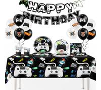Vidéo Fête Décorations Fournitures,78pcs Video Party Décoration&Vaisselle Set- Nappe de Jeu Vidéo Assiettes Gobelet Serviette&Bannières Thème du Jeu Vidéo Ballons etc Fournitures de Fête de Jeu Vidéo