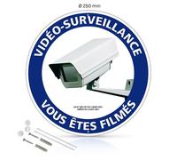 Vidéo surveillance vous êtes filmés panneau signalisation rond prépercé en PVC + kit de fixation - Diamètre 250 mm