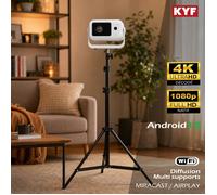 KYF Pack Vidéoprojecteur Android 14 4K Blanc + Trépied 210 cm | Autofocus & Correction 6D, Wi-Fi 6 & Bluetooth 5.4, Miracast & AirPlay, Image jusqu'à 120 pouces, Fixation universelle 1/4"