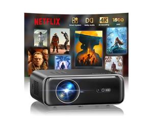 Vidéoprojecteur 4K【Netflix Inclus/Dolby】 1500 ANSI Projecteur Vidéo 4K Auto Focus/Keystone WiFi Bluetooth FHD 1080P, HDR10, Smart Rétroprojecteur Portable WiFi6 Extérieur Zoom50% Cadeau/Home Cinéma