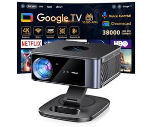 Vidéoprojecteur 4K Supporté 1500 ANSI 38000 Lumen avec Google TV Officiel, Netflix Youtube, Auto Focus, WiFi 6 Bluetooth 5.3, Contrôle Vocal, Rotatif 360°, Home Cinéma Salon et Chambre