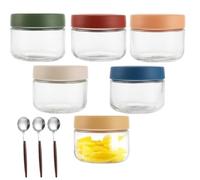VIDETOL Overnight Oats Lot de 6 bocaux en verre réutilisables avec couvercle à visser et cuillère 300 ml pour céréales, pudding, yaourt, porridge, confiture