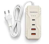 Vidoelettronica® Chargeur multiple USB à charge rapide, 4 ports avec 2 USB-C et 2 USB-A, station de table pour smartphone et tablette, câble intégré avec prise européenne, ivoire