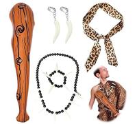 VIDSTW Lot de 5 Costumes D'Homme Des Cavernes PréHistorique Avec Accessoire Sauvages Gonflables Avec Bandeau LéOpard Ivoire, Bracelet, Collier, Boucles D'Oreilles,BâTon D'Homme des Cavernes